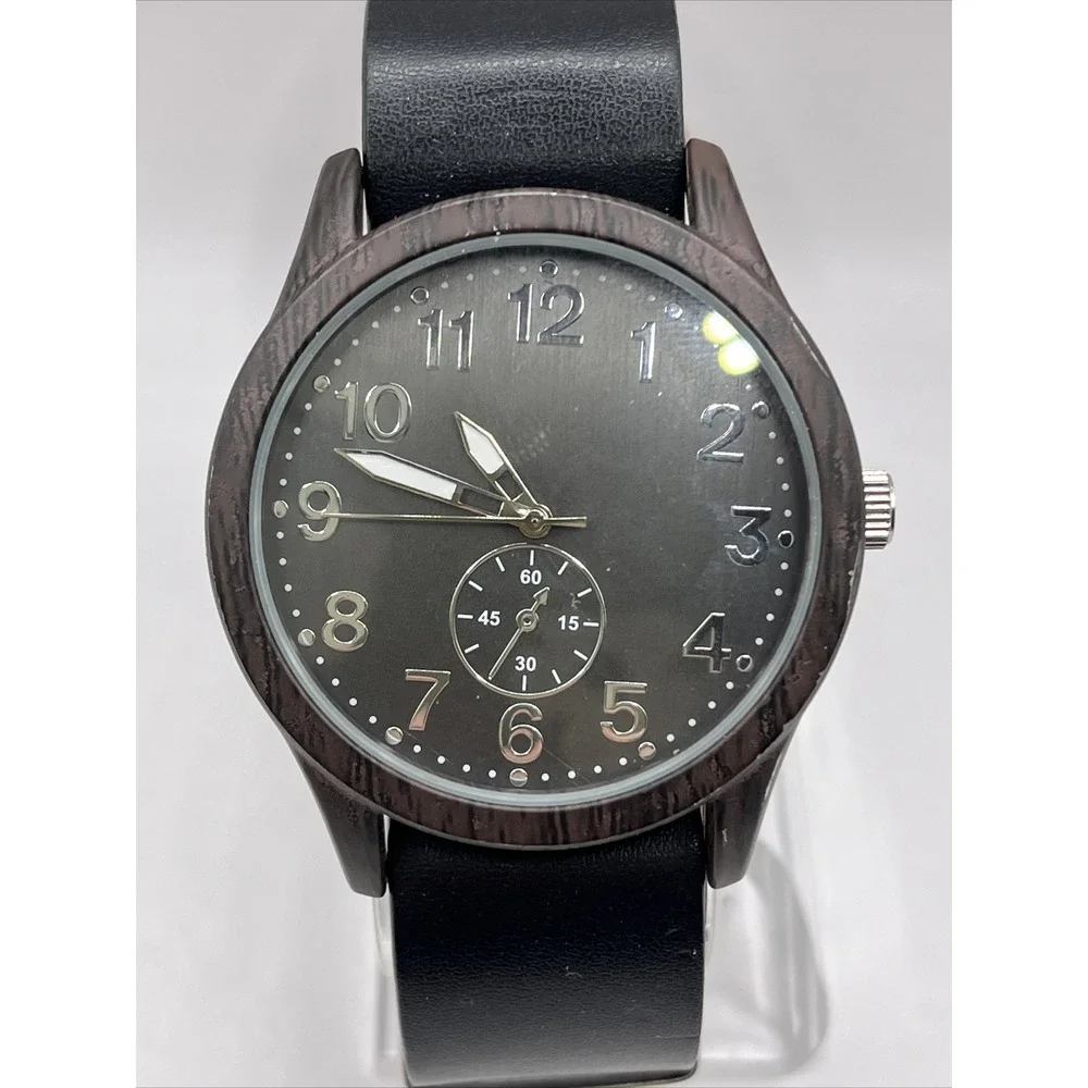 George Men's Quartz Watch Faux Wood 43mm Case Black Band- New Battery